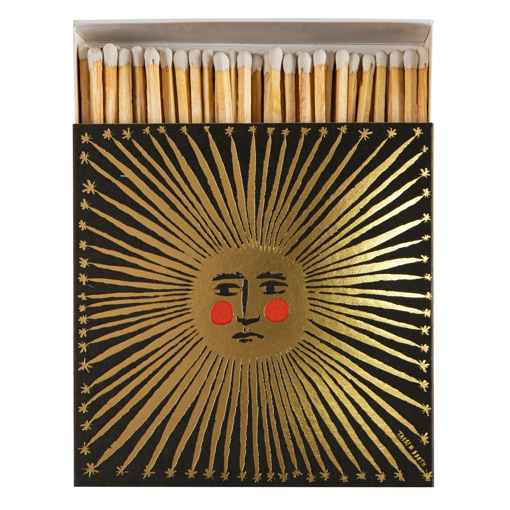 Matches in a decorative box with a sun design on a white background