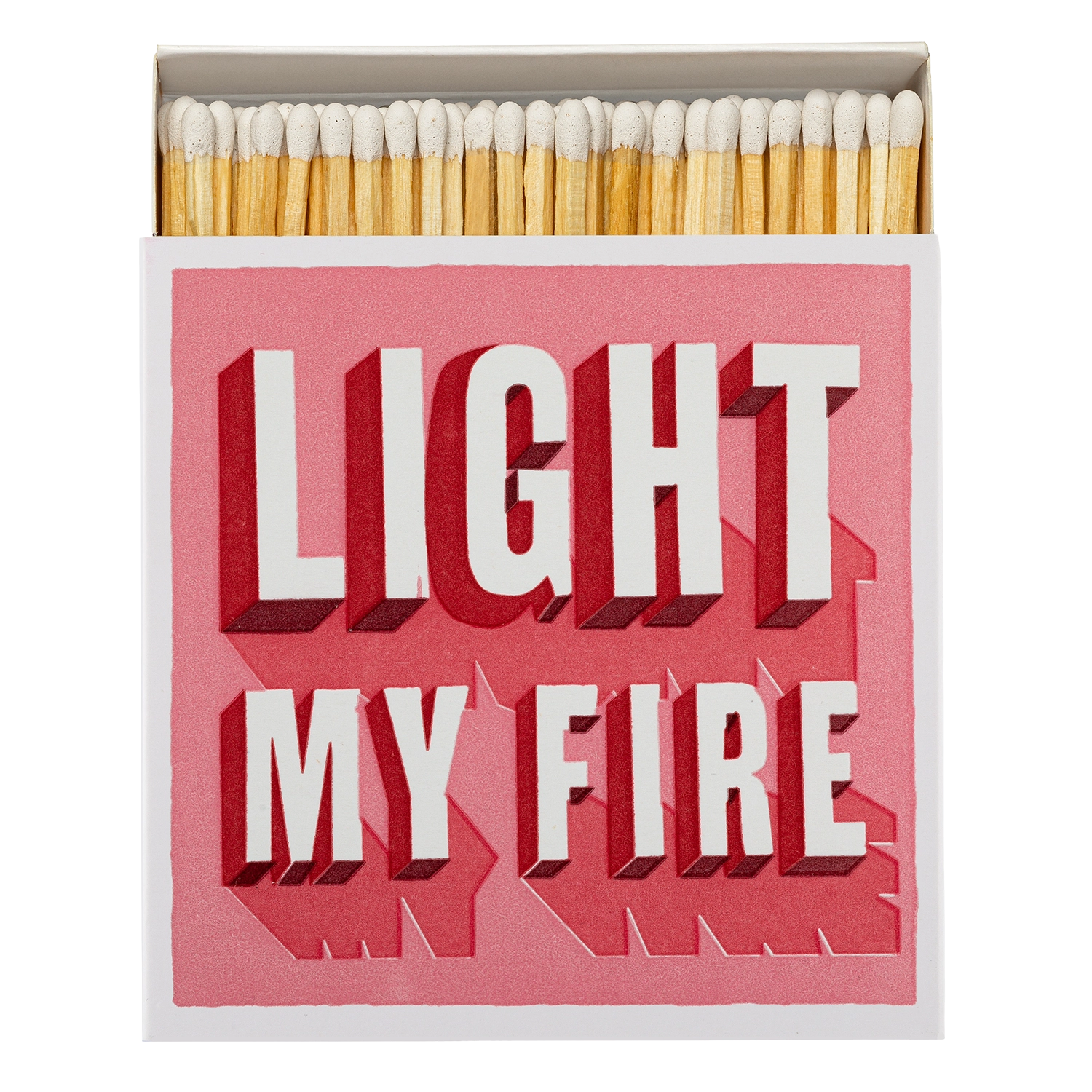 Matches in a box with 'Light My Fire' text on a pink background