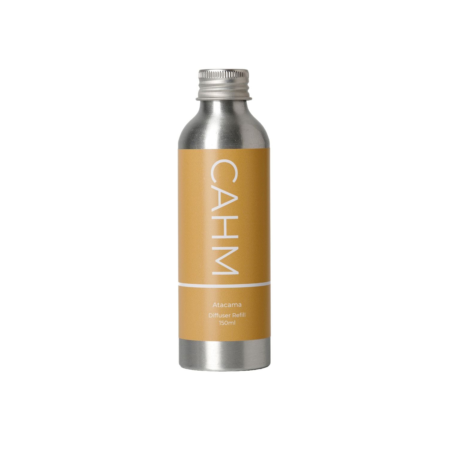 A CAHM branded aluminium reed diffuser refill bottle with a yellow label.