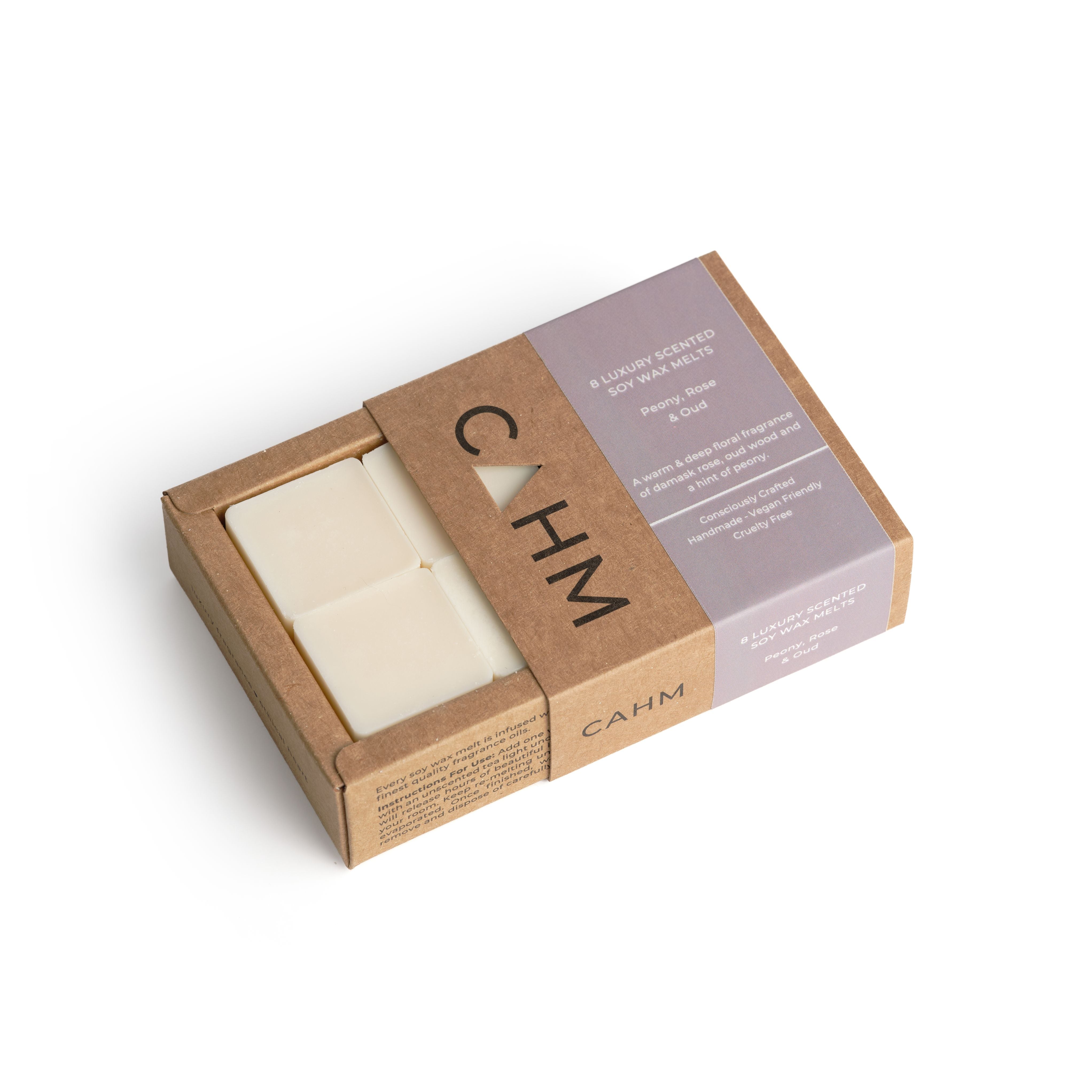 A box of Peony rose and oud wax melts from CAHM.