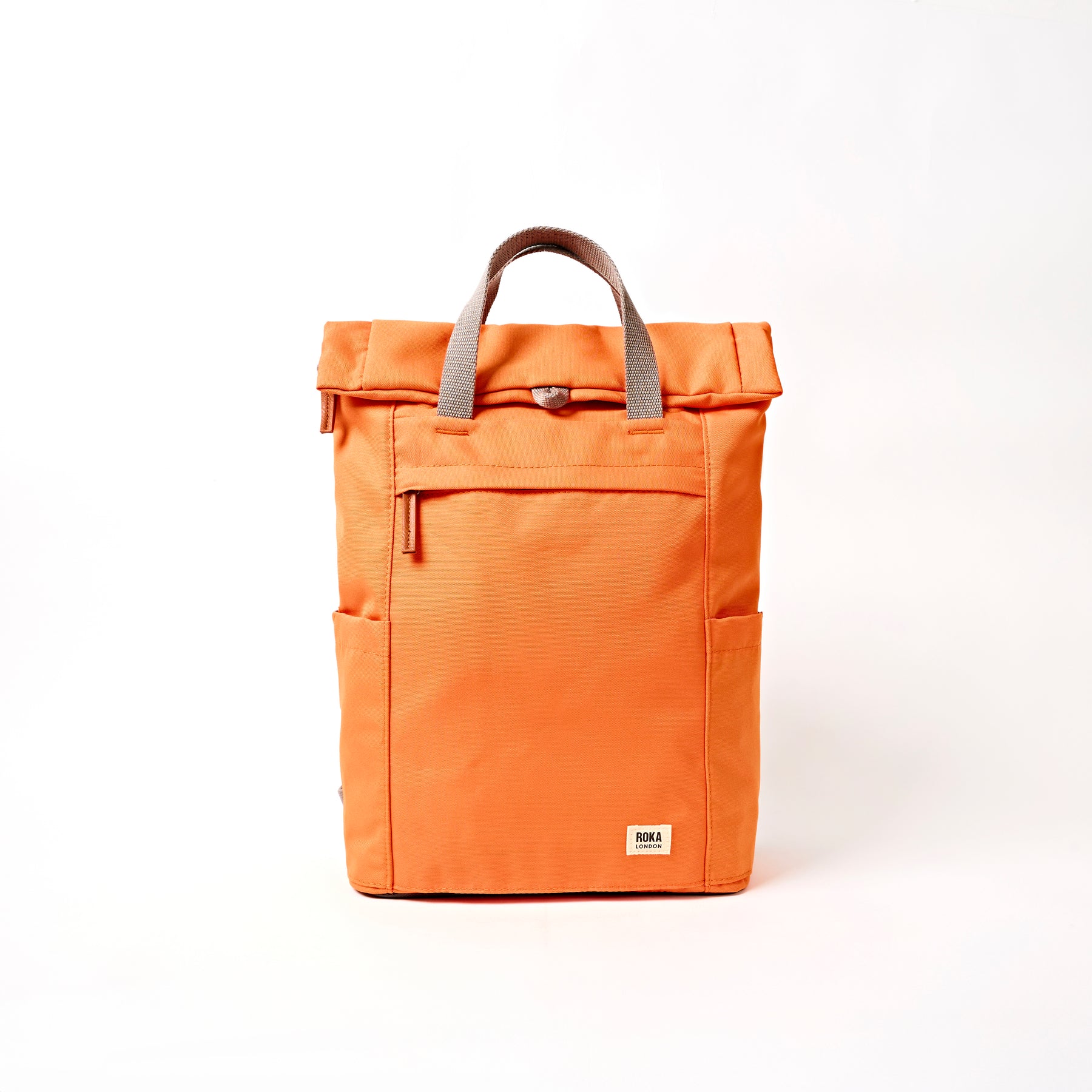 ROKA London Finchley Medium Recycled Canvas Backpack in Jaffa Orange — 15 litre, laptop sleeve