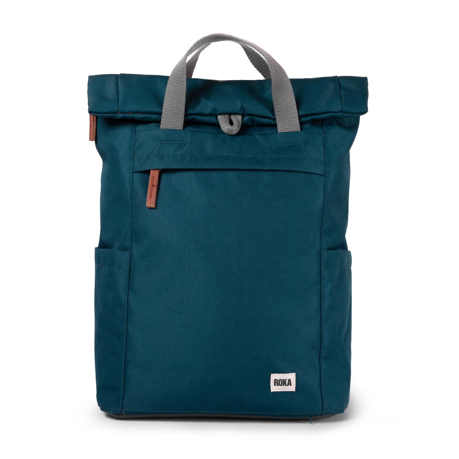 Teal backpack with gray handle on a white background