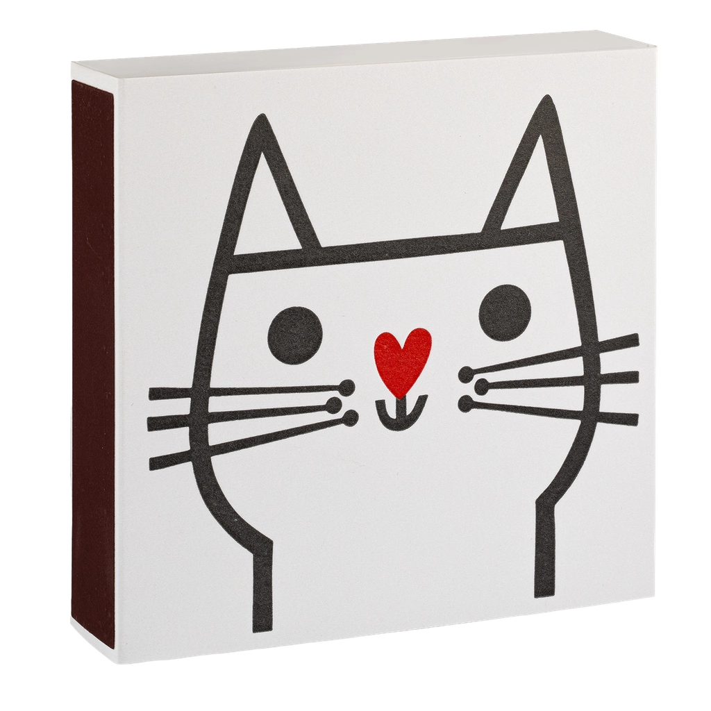 Decorative box with a cat face design featuring a red heart on a white background