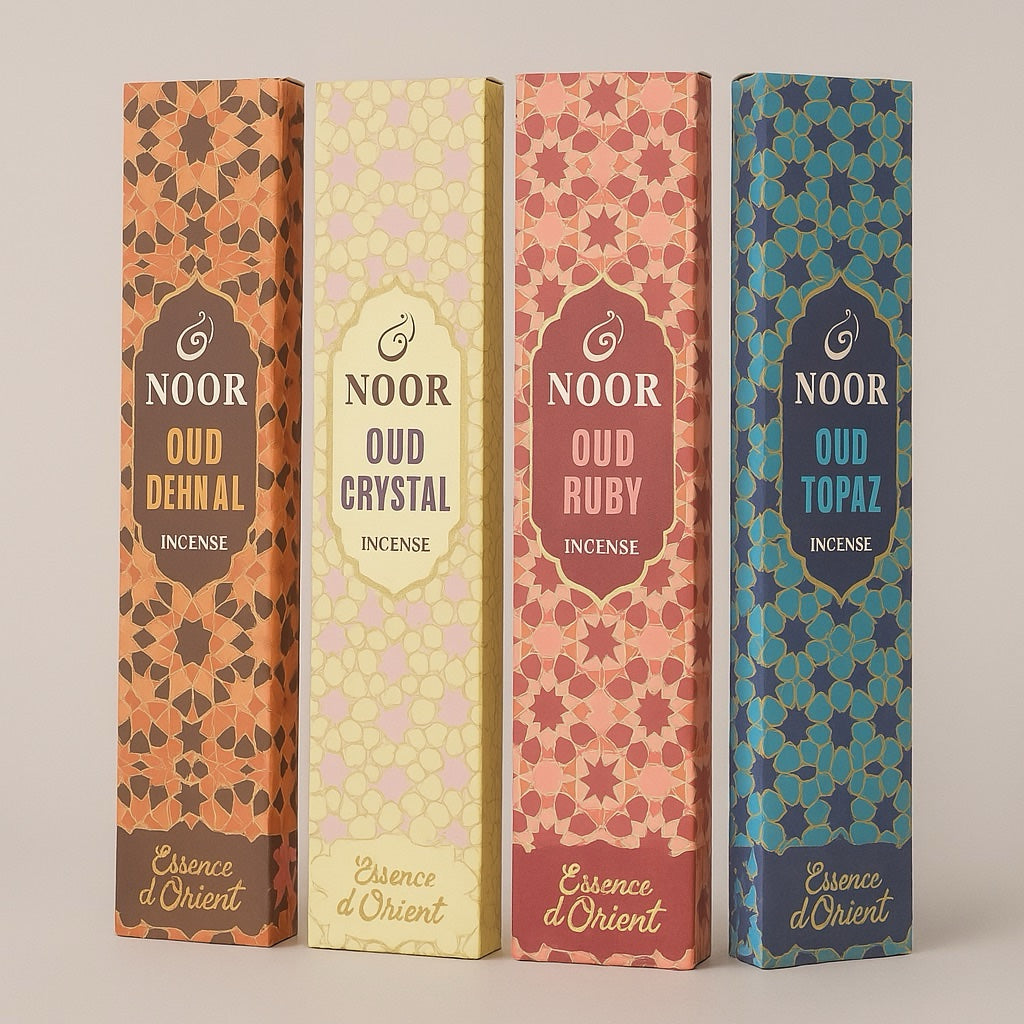 Noor Premium Oud Incense Sticks all four variants — Topaz, Ruby, Crystal and Dehn-Al Oud