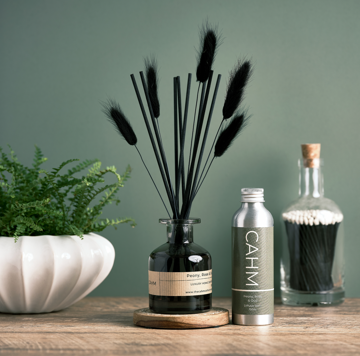 Black reed diffuser with bunny tails and refill