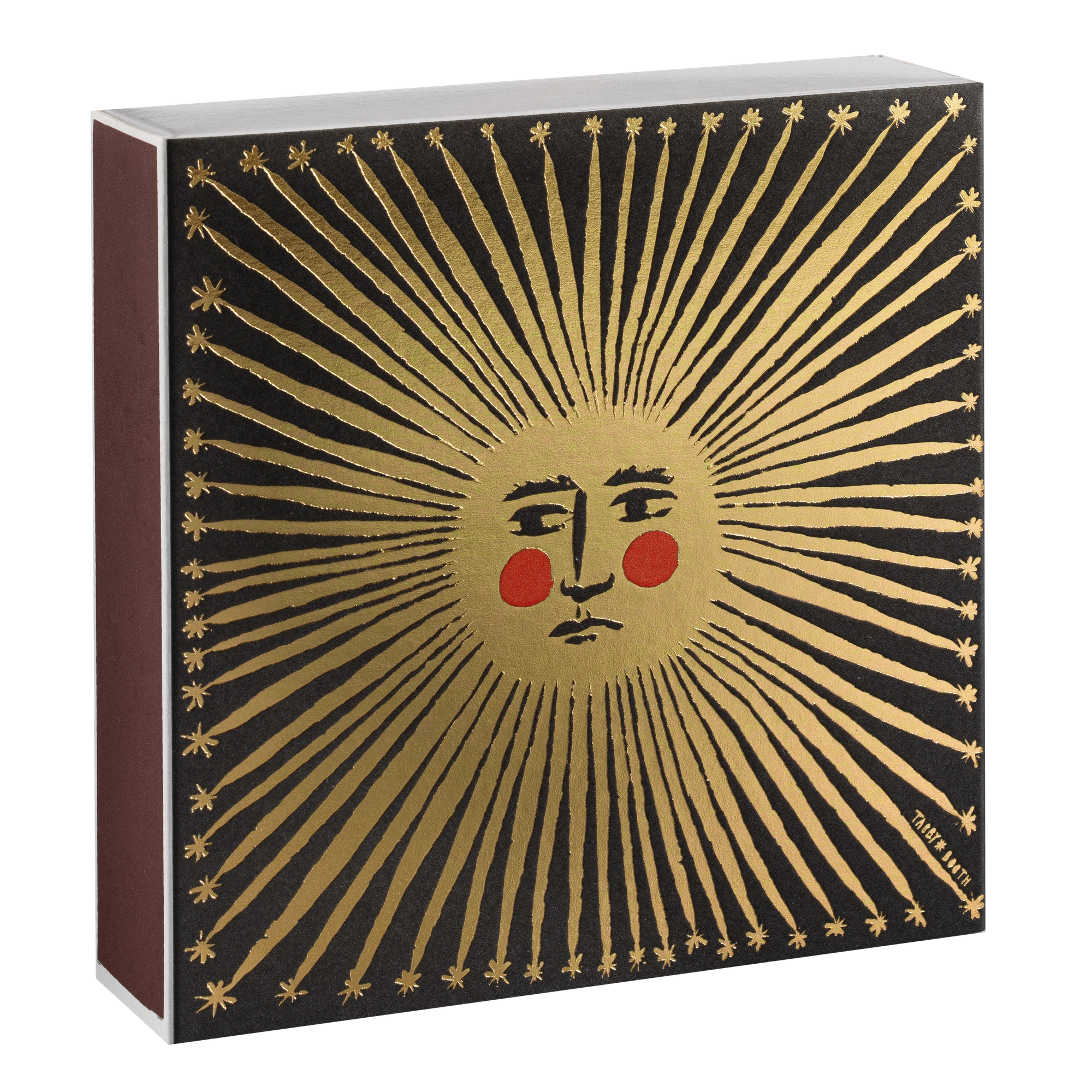 Decorative box with sun design and face illustration on a black background