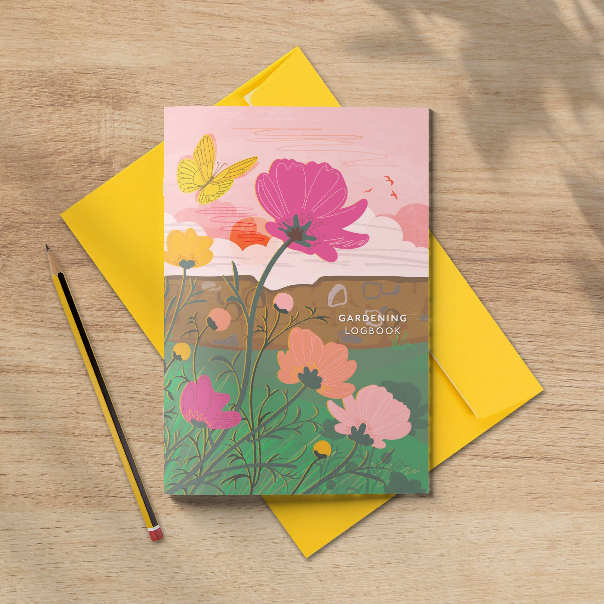 Onneke Gardening Logbook open pages showing entry prompts