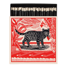Matches with a black cat design on a red and white patterned box