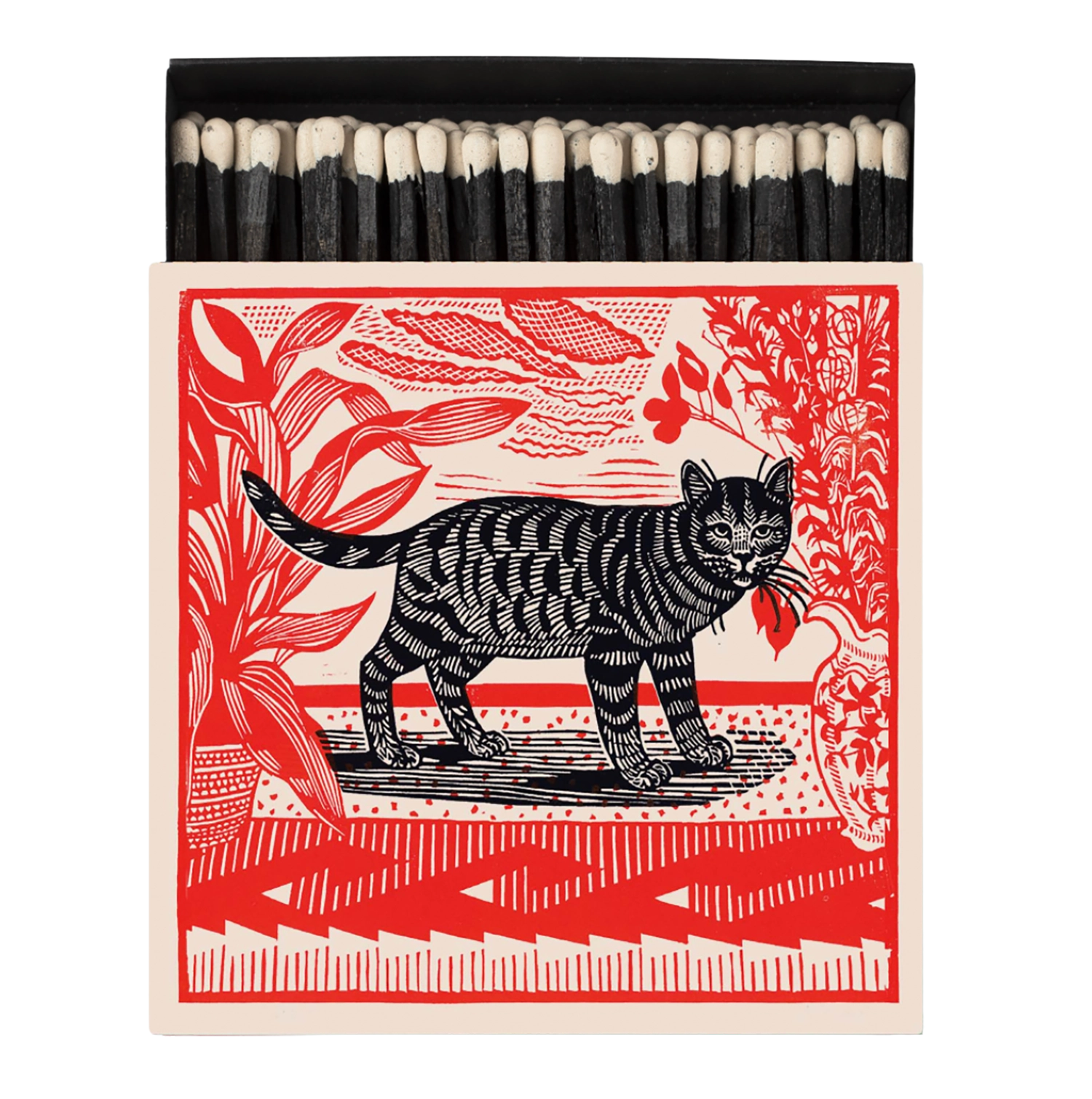 Matches with a black cat design on a red and white patterned box