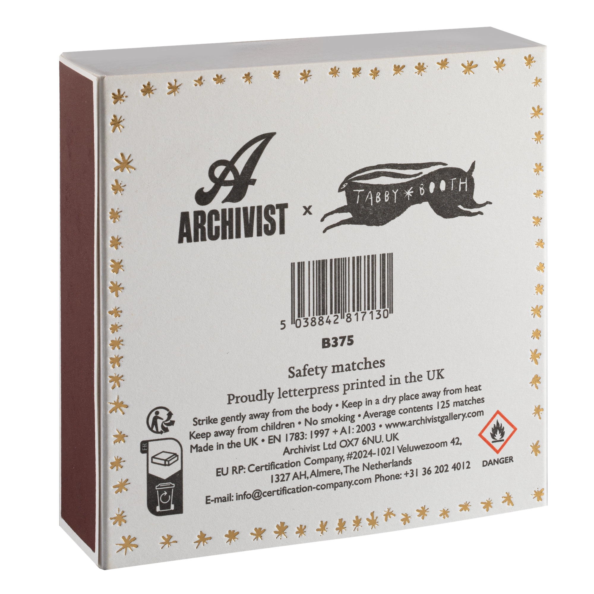 Archivist x Tabby Booth safety matches packaging with branding and product details.