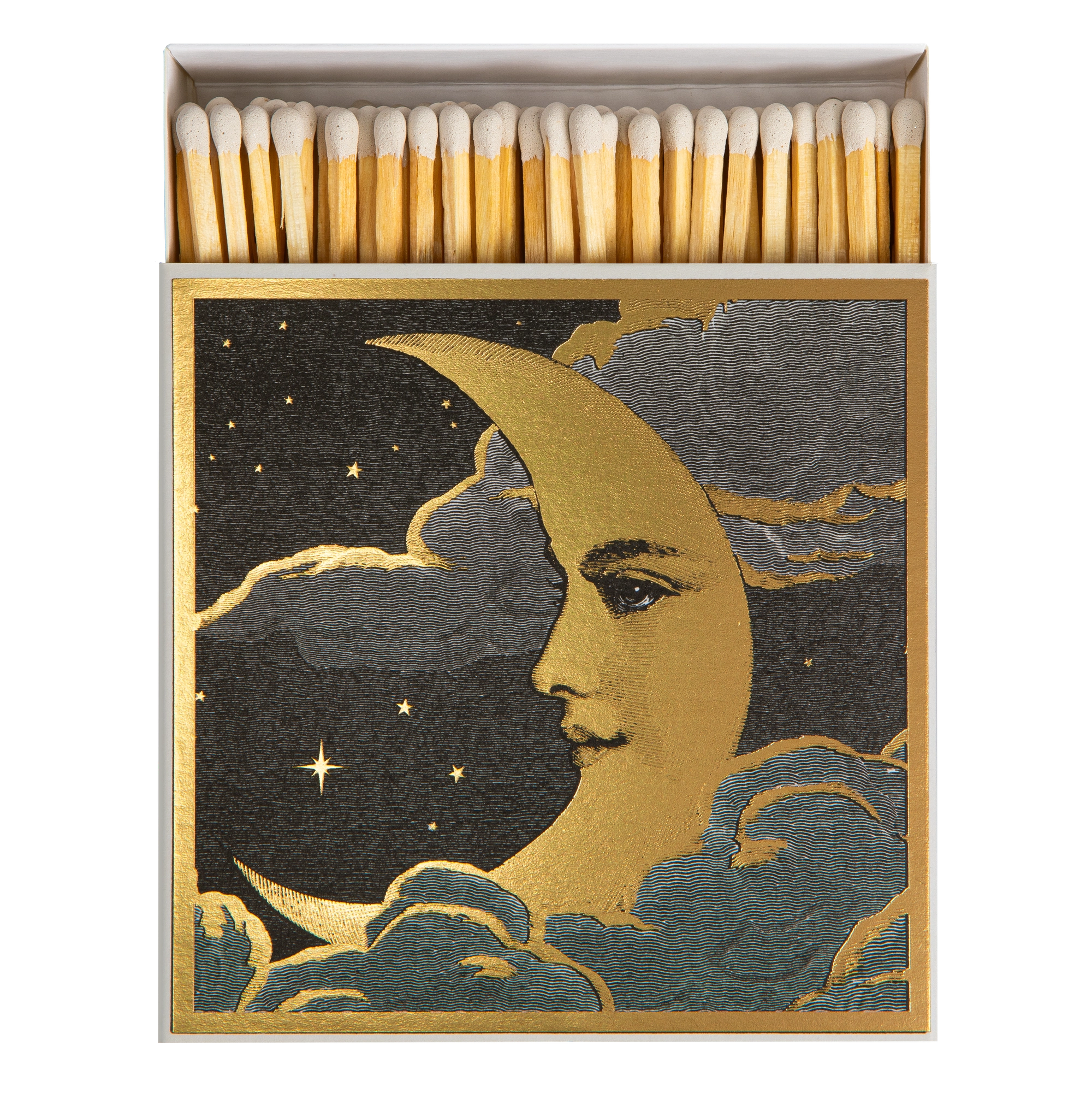 Matchbox with artistic design of a face and moon on the cover