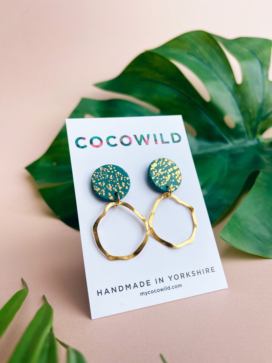 CocoWild Olivia Emerald Green & Gold Leaf Drop Earrings handmade polymer clay