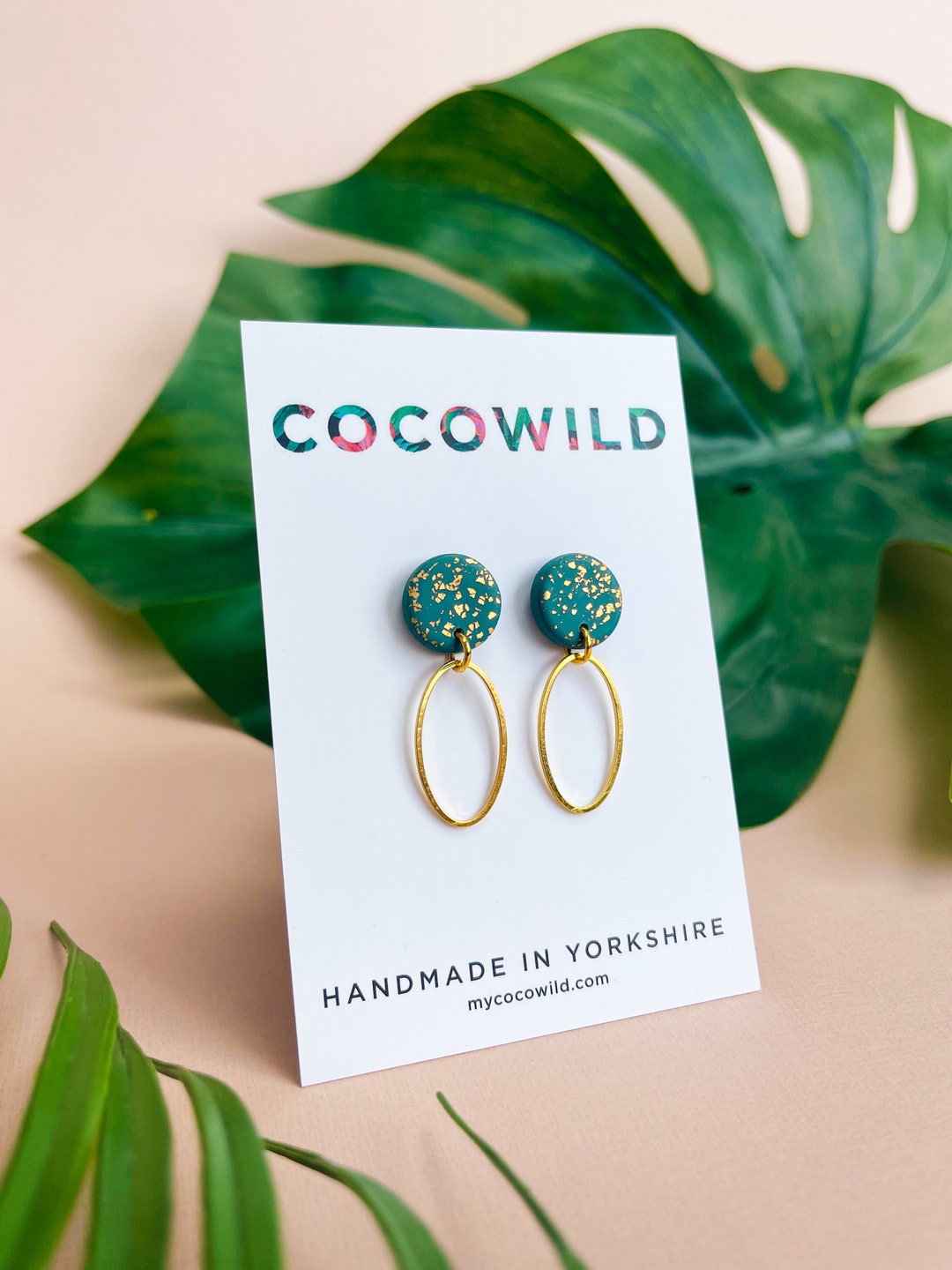 CocoWild Christina Emerald Green & Gold Leaf Oval Drop Earrings handmade polymer clay