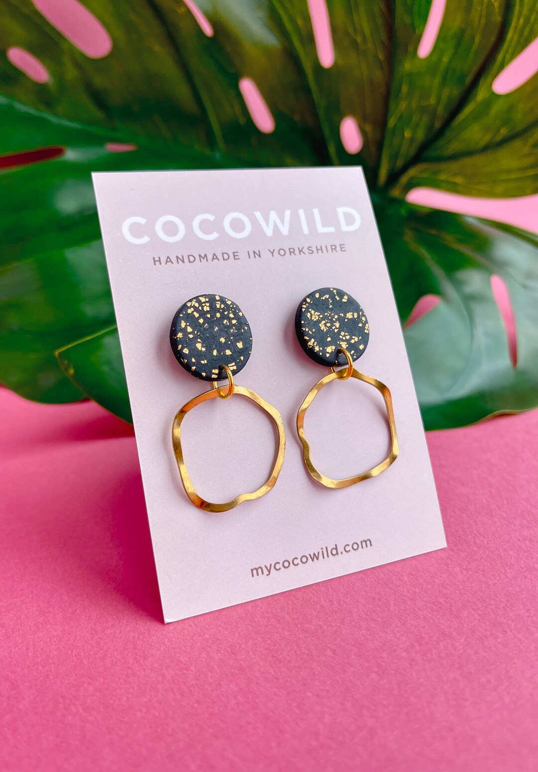 CocoWild Olivia Black & Gold Leaf Drop Earrings handmade polymer clay