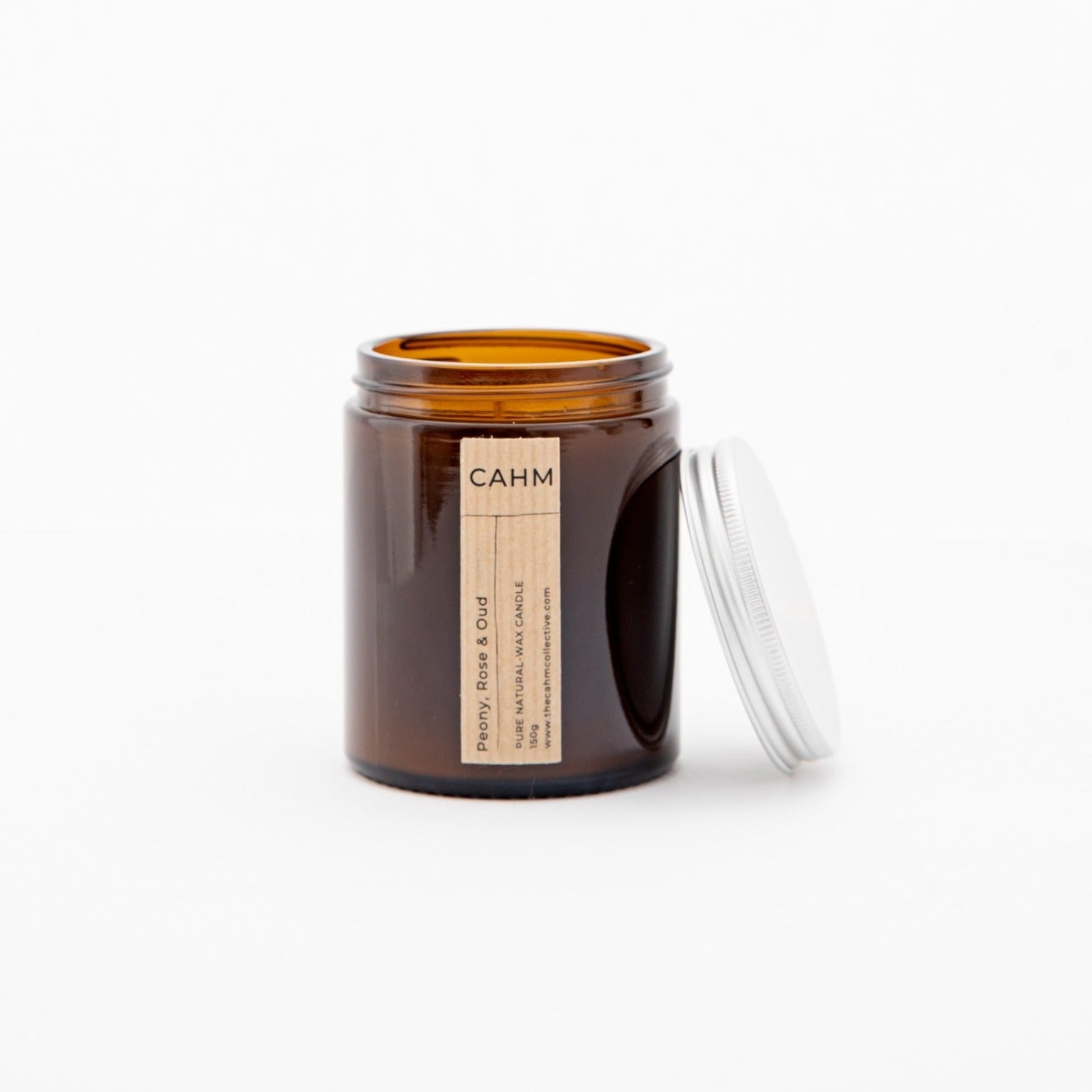 A Peony, Rose and Oud Candle from the Amber Jar Candle collection by The CAHM Collective.